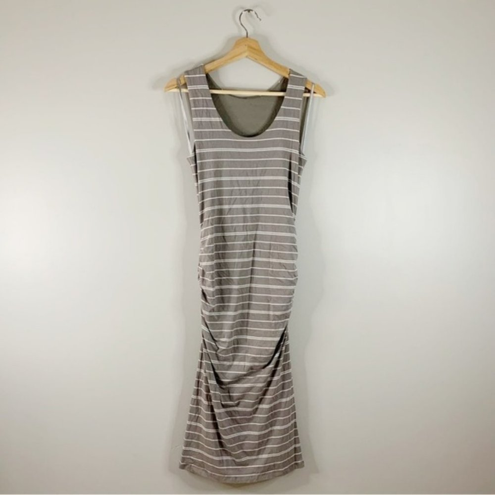 Athleta Comeback Ruched Sides Midi Tank Dress Scoop  Small S Gray White Fitted
